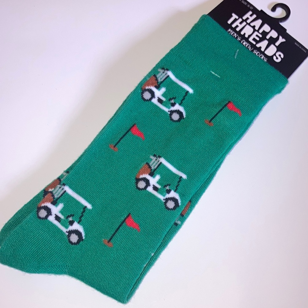 Men’s Happy Threads Green Golf Cart Novelty Crew Socks Shoe Size 6-12